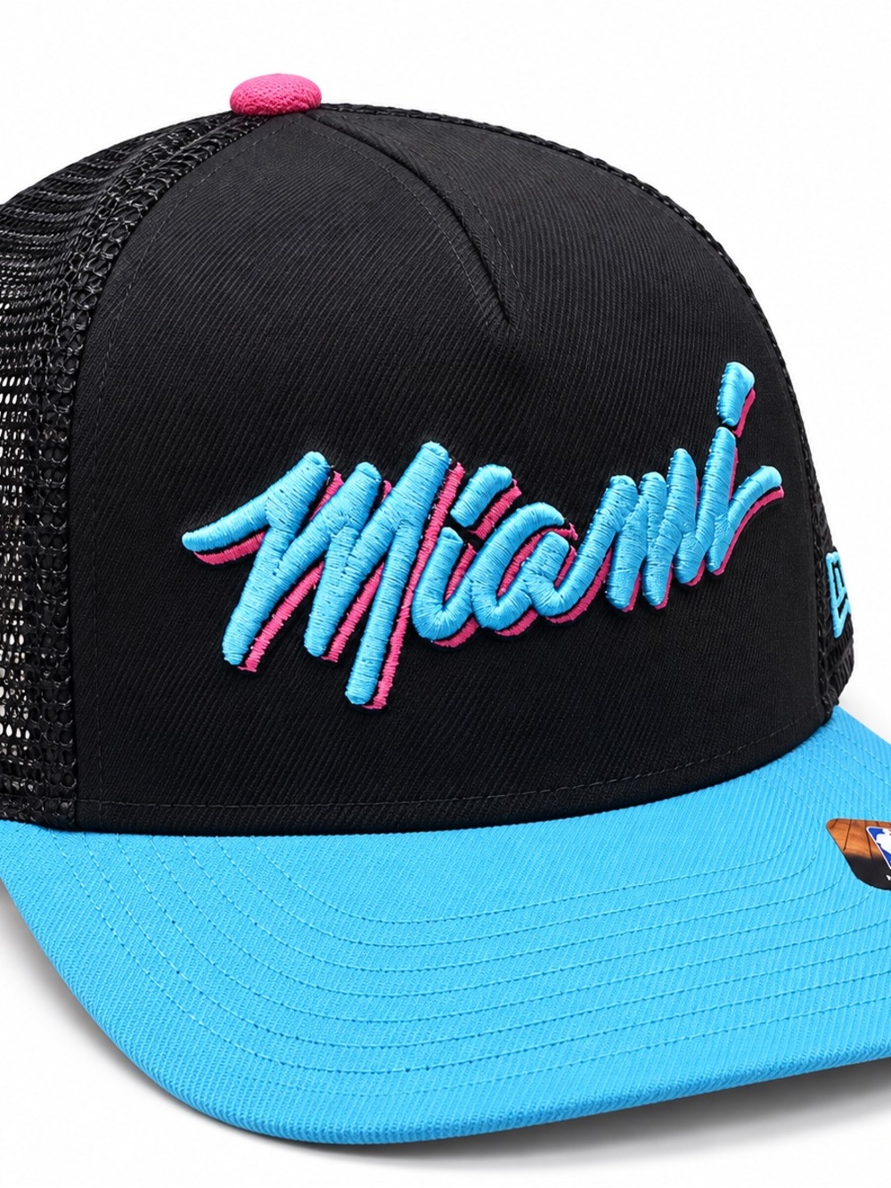 New Era Adult Miami Script Trucker Cap - Black, Blue & Pink